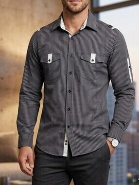 Desire Collection Men's Grey Striped Button Down Shirt - Slim Fit Military Style